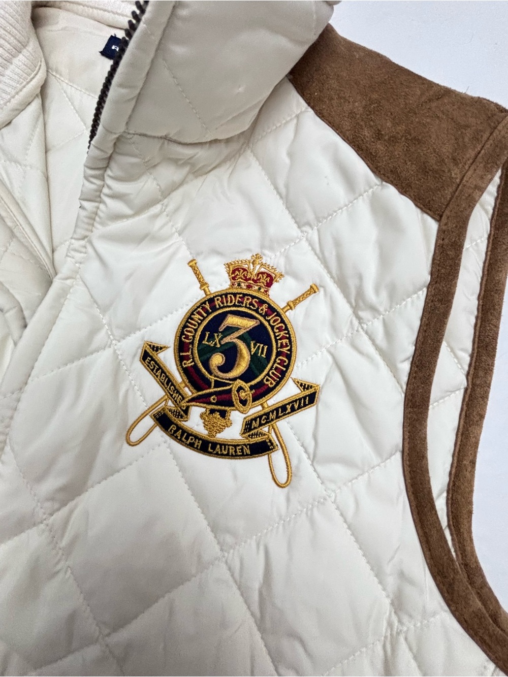 Polo by Ralph Lauren Sport Quilted Vest Suede Cream Equestrian Old Money Medium - Picture 9 of 13